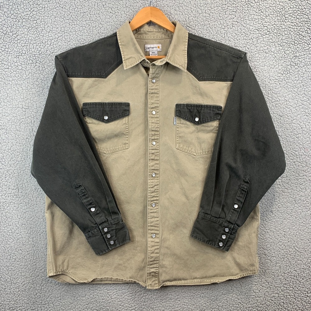 Carhartt Pearl Snap Twill Work Shirt Western 2 Tone S209 Mens 2XL Heavy Canvas